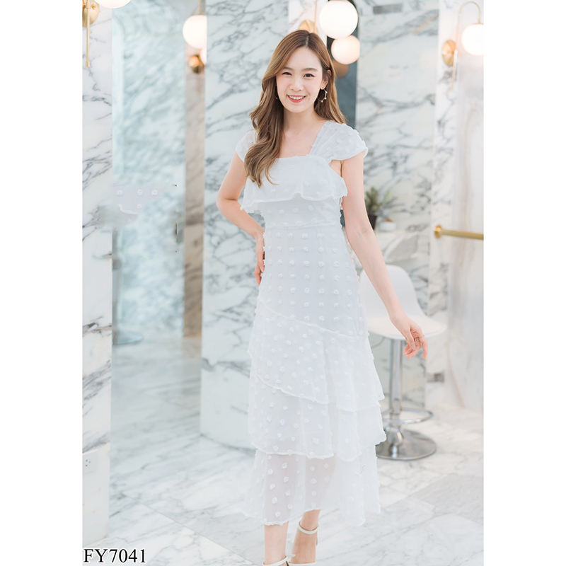 kudapy เดรสยาวสีชมพู/สีขาว/สีเขียว ชีฟองจุดอกระบาย