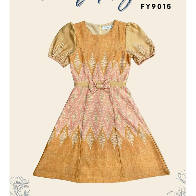 kudapy เดรสสั้นสีฟ้า/สีส้ม ผ้าทอทรงบ้านโบว์หน้า ลายไทย ใส่ออกงาน สวยดูดี