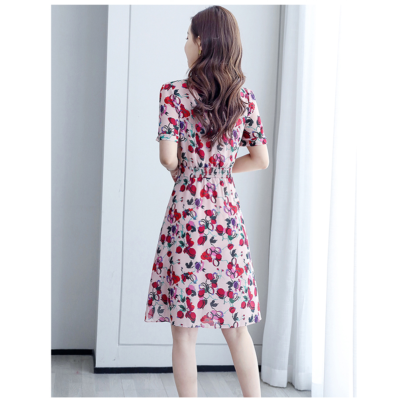 kudapy ชุดเดรสใส่ทำงาน ผ้าชีฟองเนื้อดีโทนสีชมพู พิมพ์ลายดอกไม้โทนสีแดง