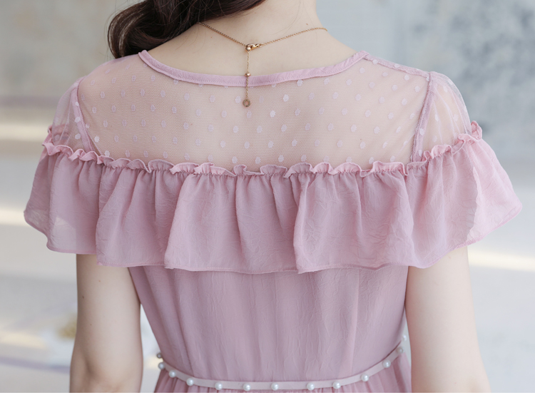 ชุดเดรสยาวคลุมเข่าสีชมพูกลีบบัว ผ้าชีฟองเนื้อดีแต่งระบายแขน ผ้าทิ้งตัวสวย ตัวเนื้อผ้ามีลายย่นในตัว XL 2Xl