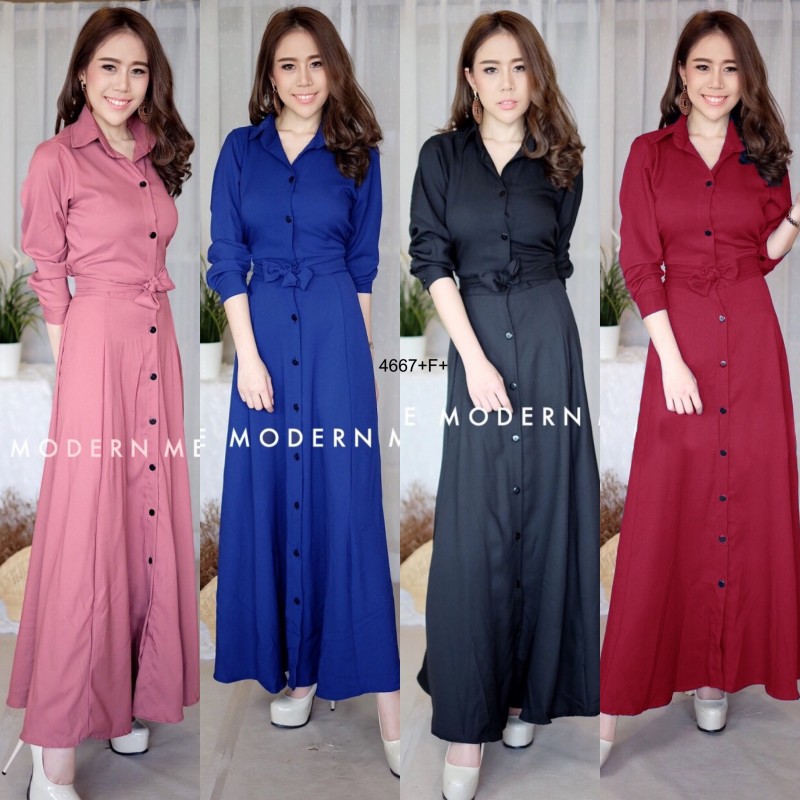 kudapy Maxi Dress แม็กซี่เดรสเชิ้ตแขนยาว สีพื้น งานเชิ้ตแต่งคอปกกระดุมช่วงหน้ายาวข้างเอวเย็บติดสายผูกเอว