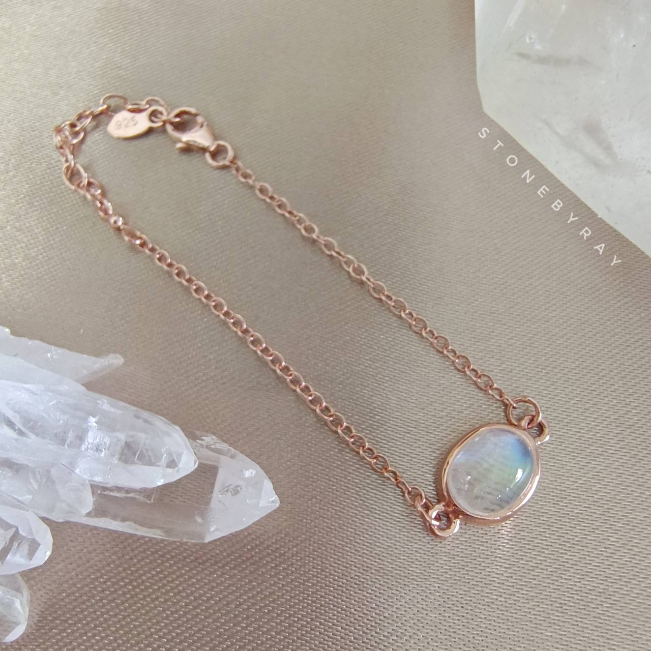สร้อยข้อมือเงินชุบพิ้งโกลด์หินเรนโบว์มูนสโตน Rainbow Moonstone