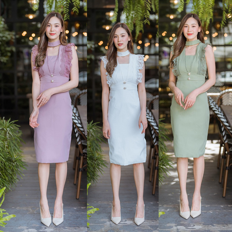 kudapy เดรสสั้นสีชมพู/สีเขียว/สีขาว แขนกุดแต่งลูกไม้