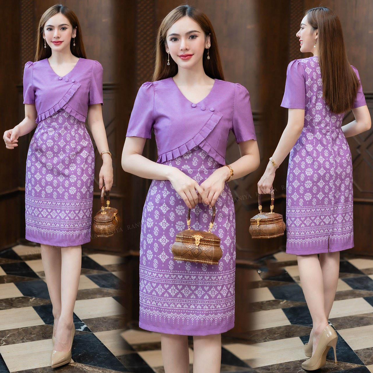 kudapy เดรสอัดกาวผ้ามอสเครปญี่ปุ่นปริ้นลายลงเนื้อผ้าช่วงบนเป็นแบบกั๊กแต่งระบายดระดุมหลอก คอวี