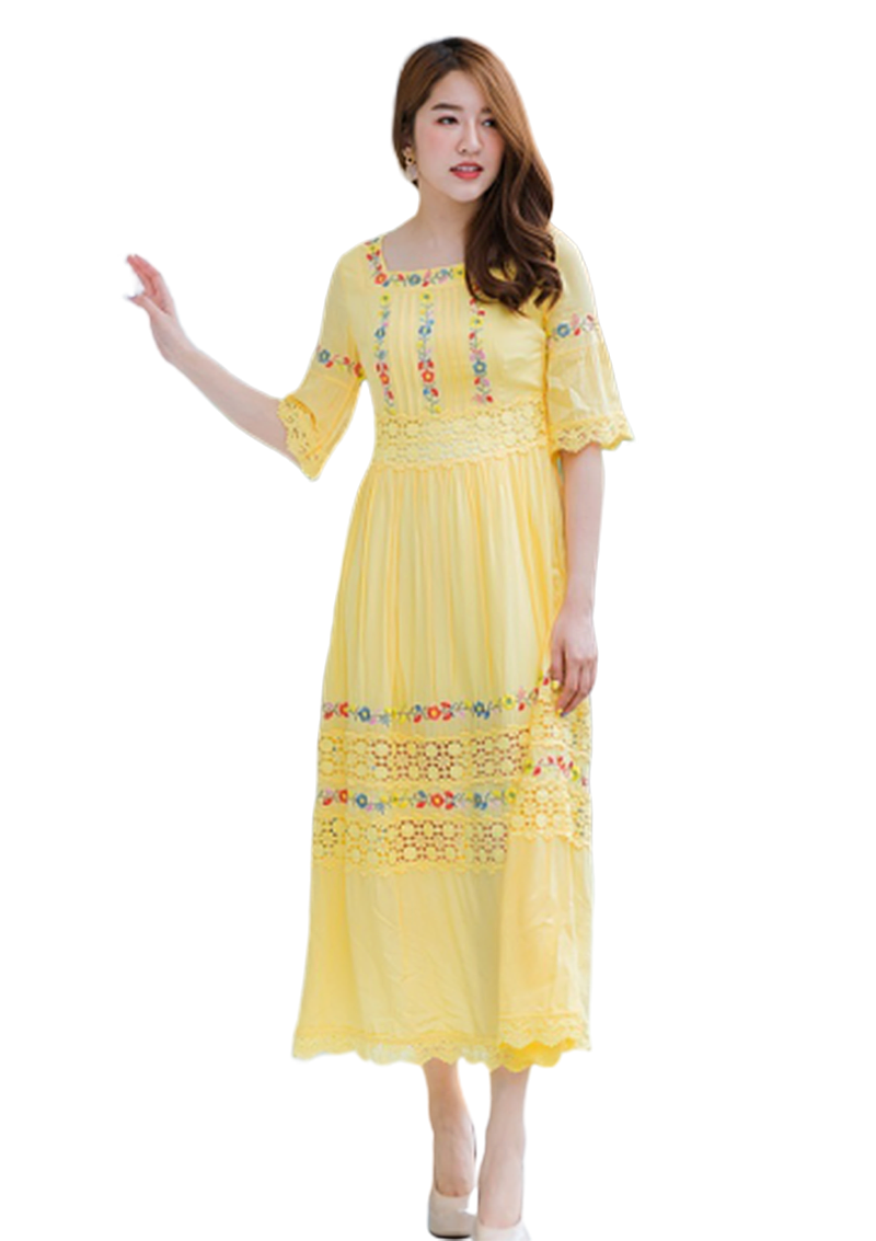 เดรวยาวคอเหลี่ยมสีเหลือง สไตล์โบว์ฮีเมี่ยน ผ้าเรย่อนเบาๆ S/XL