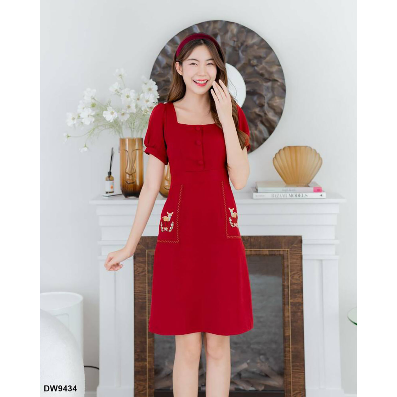 kudapy เดรสสั้นสีน้ำตาล/สีแดง/สีชมพู ผ้าพื้นกระเป๋ากวาง ใส่สบายสวยดูดี