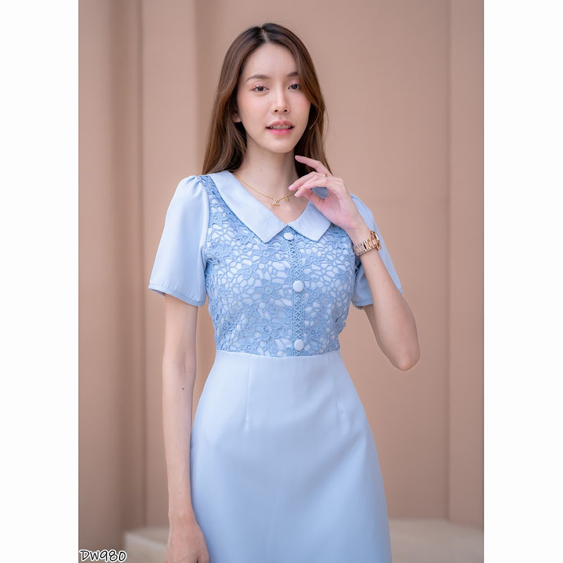 kudapy เดรสสั้นสีชมพู/สีฟ้า ผ้าทออกลูกไม้ ใส่ออกงานสวยดูดี น่ารัก