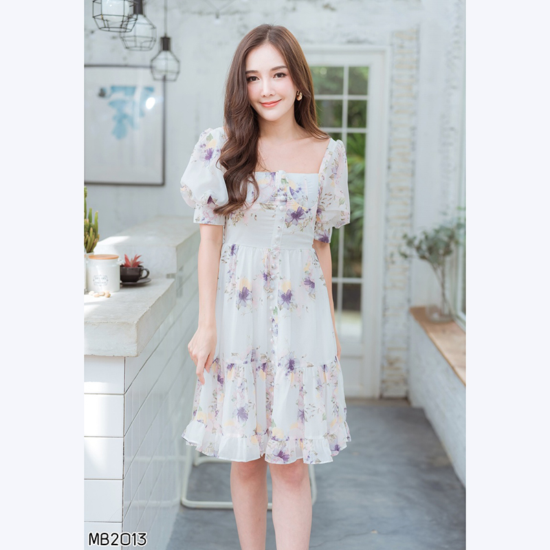 kudapy เดรสสั้นสีชมพู/สีขาว ลายดอกแขนบาร์บี้สวยน่ารักดูดี