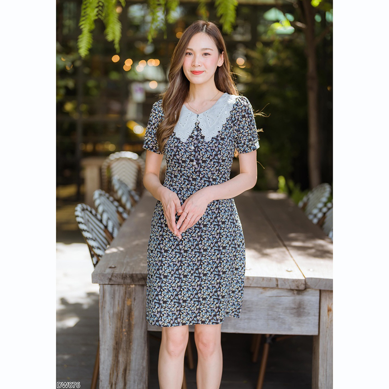 kudapy เดรสสั้นคอปกลูกไม้สีกรม/สีชมพู/สีเหลือง เดรสทำงานลายดอกปกลูกไม้