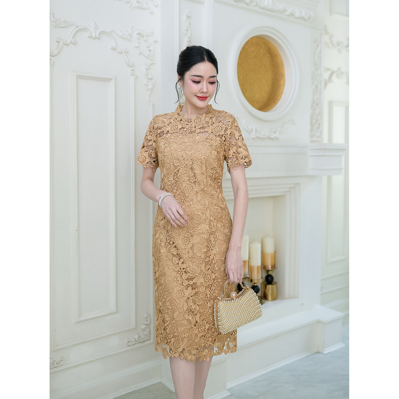 kudapy เดรสลูกไม้เกรดสวยพรีเมี่ยม ลายดอกไม้สวยหวาน ทรงแขนสั้น ตีเกร็ดหน้าหลัง ใส่สวยเรียบหรู เดรสออกงาน