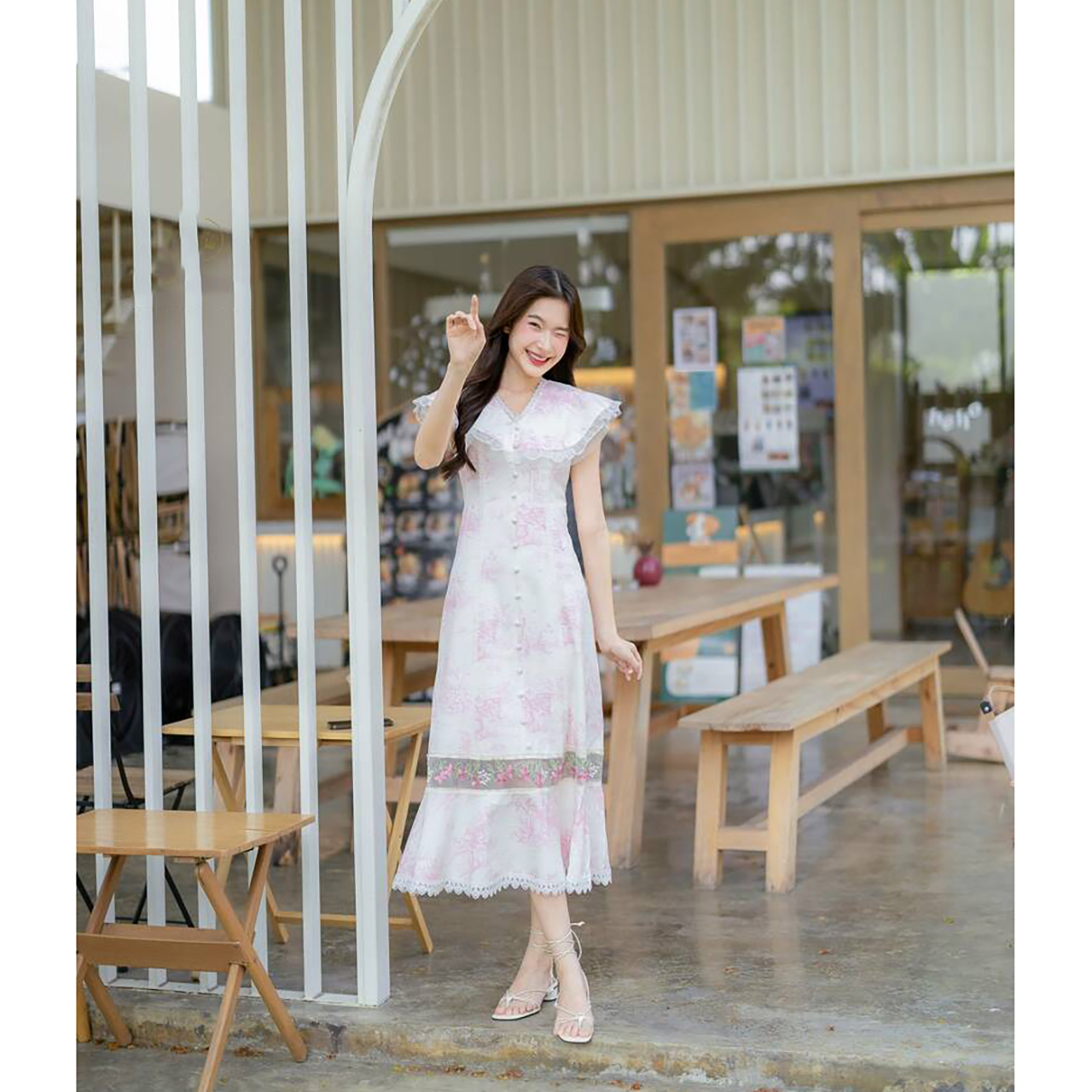 kudapy เดรสยาวสั้นสชมพู/สีฟ้า คอปกแต่งระบาย