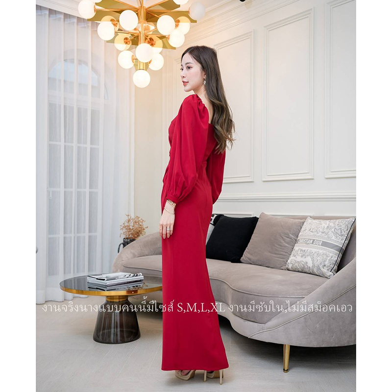 kudapy เดรสราตรีแขนยาวปาดคอวีสีแดง/สีเขียว/สีชมพู ผ่าสูงข้าง งานสวยคุ้มราคา ซิปหลังมีซับใน เริ่ดมากก