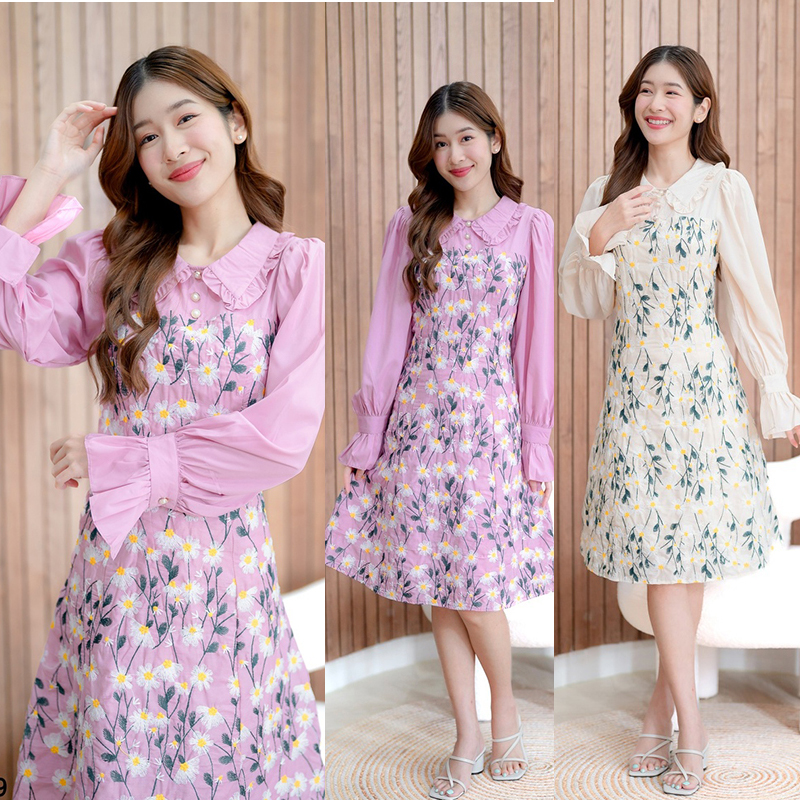 kudapy เดรสสั้นสีชมพู/สีครีม ลายดอกแขนยาวคอบัว