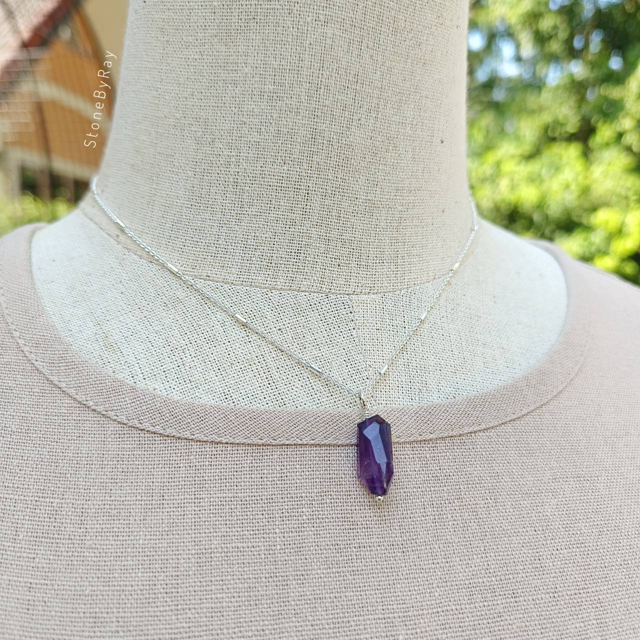 สร้อยคอเงินจี้หินอเมทิสต์เจียรเหลี่ยมแฟนซี Amethyst