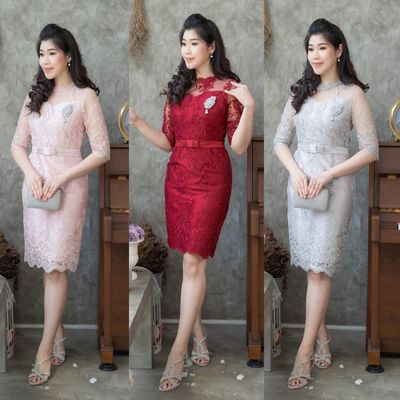 kudapy เดรสสั้นสีแดง/สีชมพู/สีเทา ผ้าไหมปักลูกไม้ ด้านนอกแต่งด้วยลูกไม้ปักอย่างดี