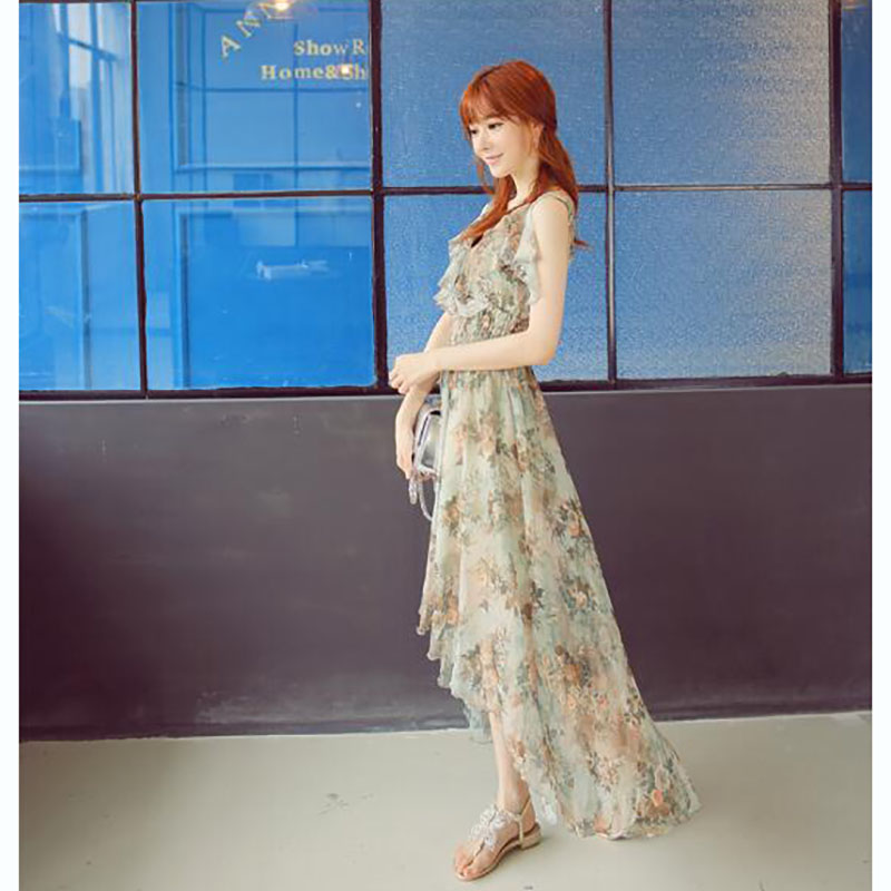 kudapy เดรสสั้น สีเขียว ผ้าชีฟองหน้าสั้นหลังยาว คอวีระบาย ลายดอกไม้น้ำตาลอมเหลือง สวยหวานดูดี