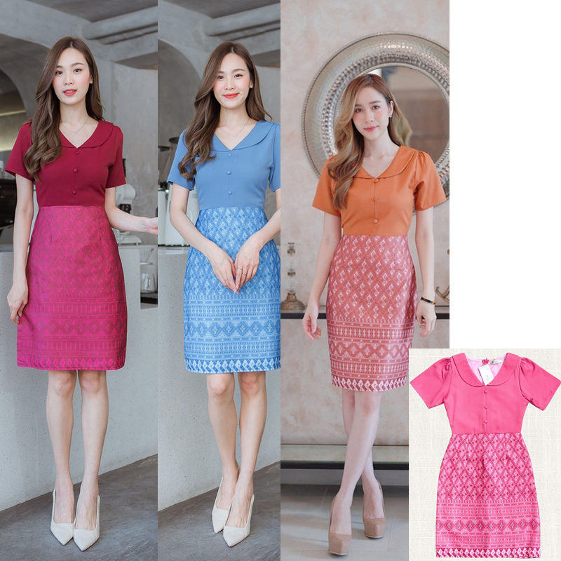 kudapy เดรสสั้นสีแดง/สีฟ้า/สีส้ม/สีชมพู คอบัวกระโปรงลายไทย สวยใส่ออกงานดูดี