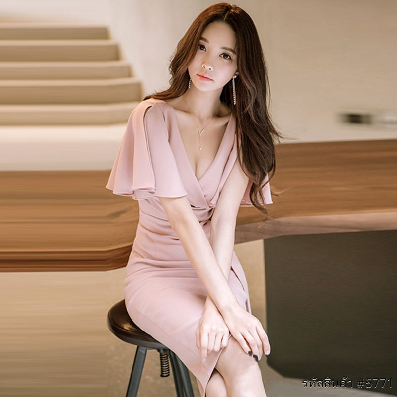 kudapy เดรสออกงานสีชมพู ทรงเข้ารูป แขนระบาย เรียบหรู สวย ดูดี ใส่เป็น ชุดราตรี ชุดออกงาน