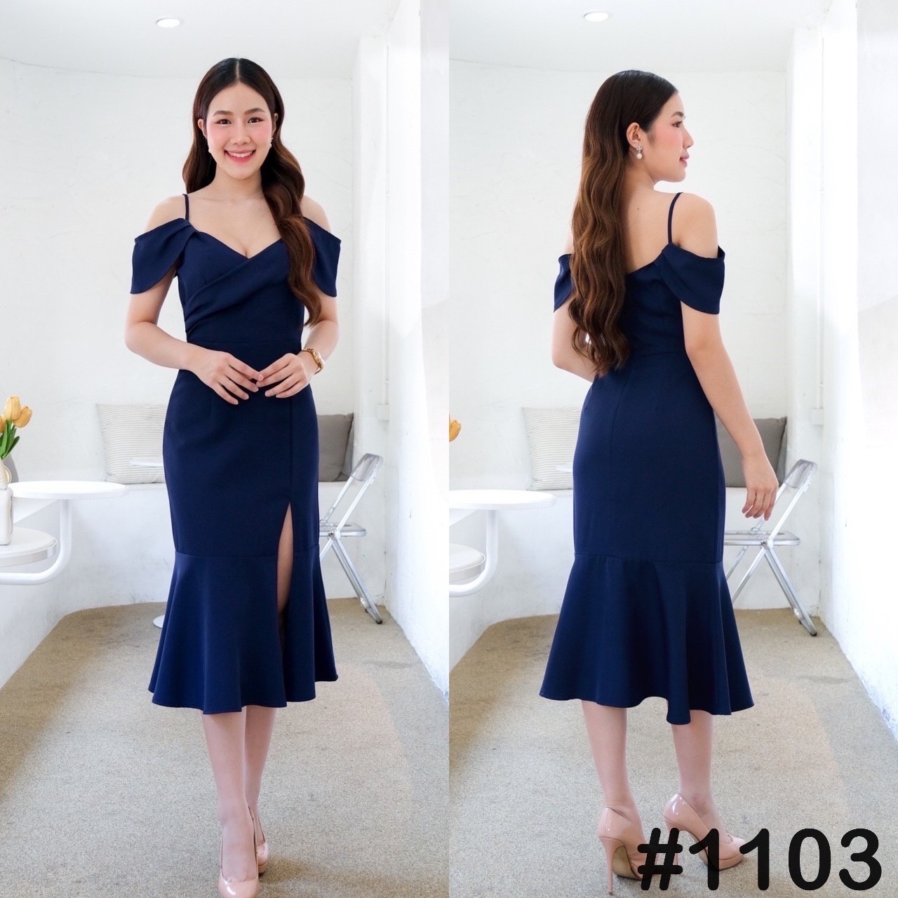 kudapy เดรสสั้นสีกรม/แดง/ขาว/ส้มโอรส/ชมพู/เขียวพิตาชิโอ้ สายเดี่ยว จับจีบอกไขว้ กระโปรงหางปลา ระบายพริ้ว ผ่าหน้าสูง