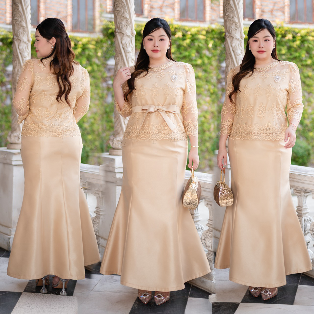 kudapy ชุดเซ็ทเสื้อ+กระโปรงทรงหางปลา งานผ้าไหมญี่ปุ่นเนื้อผ้ามันเงา อัดเรียบร้อย ตัวเสื้อตกแต่งปักลูกไม้ เกรดพรีเมี่ยมไม่แข็ง