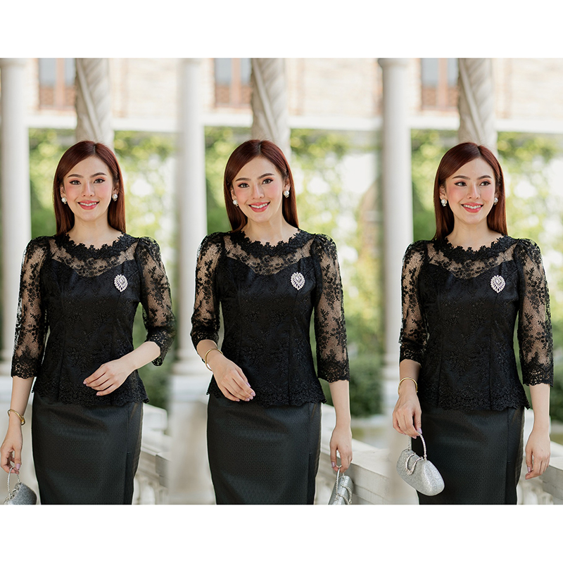 kudapy (เฉพาะเสื้อ) เสื้อลูกไม้สีดำ/สีขาว ตัวเสื้อใช้ผ้าลูกไม้ใยบวบเนื้อดีลายลูกไม้แน่นทั้งตัว ตัวเสื้อมาพร้อมซับในเนื้อดีในตัว