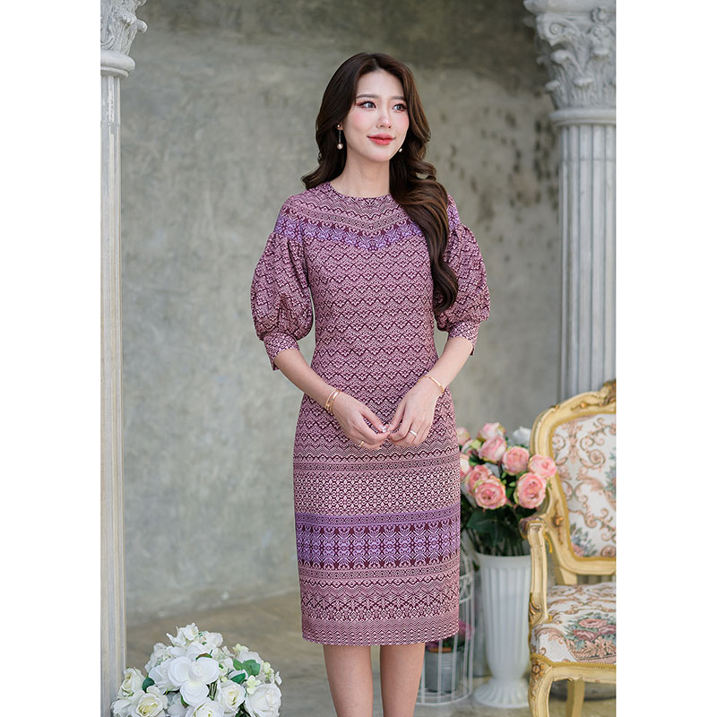 kudapy เดรสสั้นสีม่วงเปลือกมังคุด/สีฟ้า ลายไทย งานพิมพ์ผ้าลายสวย ผ้าเนื้อนิ่มใส่สบาย ดีไซน์แขนพองบอลลูนแต่รุ่นนี้เราจั้มปลายแขนทรงแขนจะพองสวยมาก
