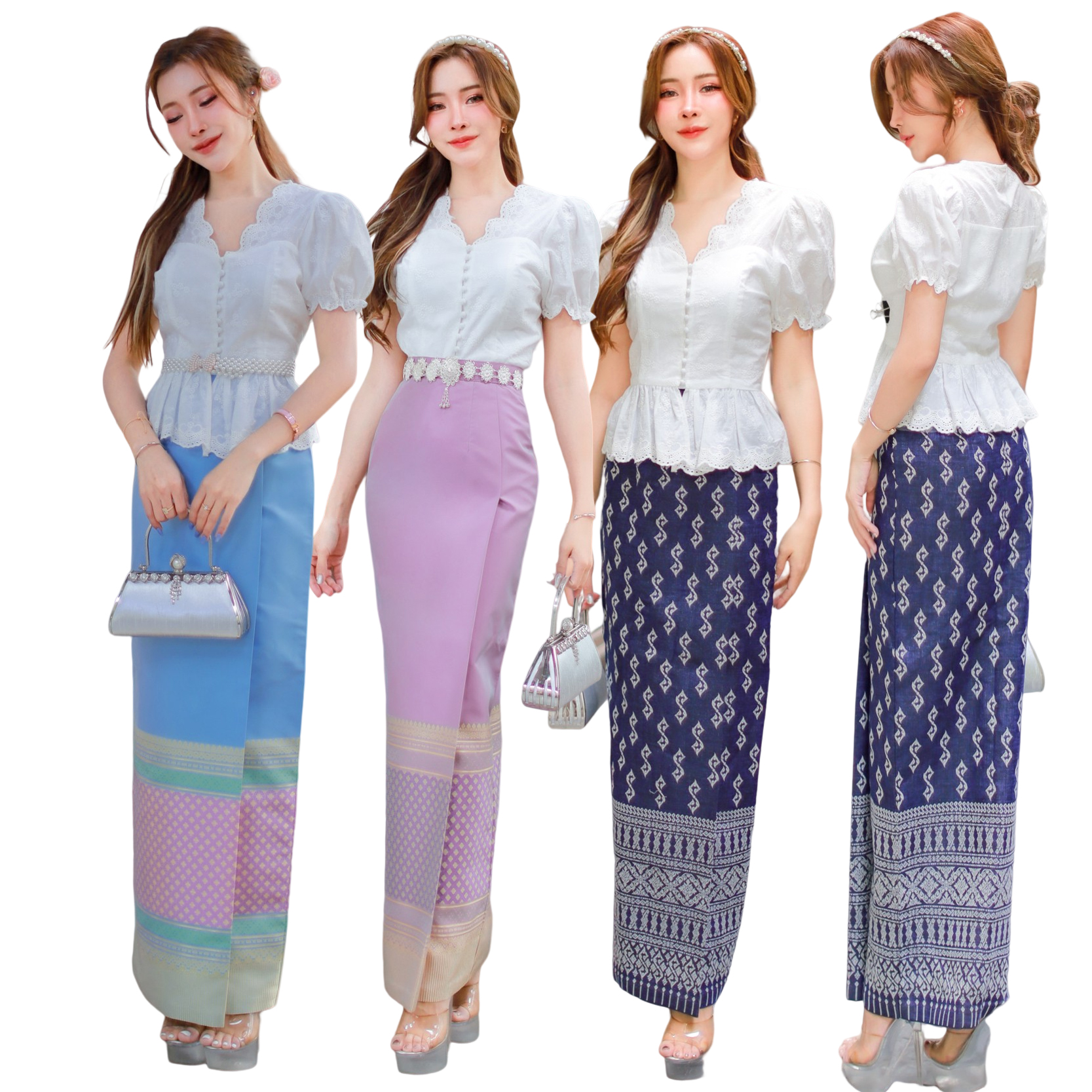 kudapy เสื้อลูกไม้ฉลุสีขาว+ผ้าถุงทอลายสีฟ้า สีชมพู สีกรมท่า งานสวยเข้ารูป ผ้าสวยเนื้อดี ใส่สบาย