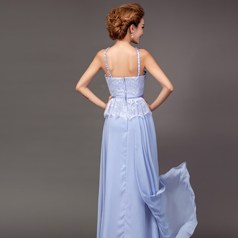 kudapy ชุดราตรียาวสีม่วง เกาะอก คล้องคอ กระโปรงจับจีบ สวยหวานด้วยลูกไม้ช่วงอก (ซิปหลัง)