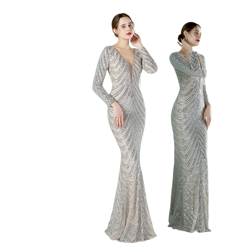 kudapy ชุดราตรียาวคอวีแขนยาวผ้ากริสเตอร์ทอแสง สีแดงเบอร์กันดี้ สีดำ สีเงิน สีชมพูโรสโกลด์ ผ้าขยายได้ สวมเข้ารูป ทรงสวย เรียบหรู มีบราเย็บติดข้างในชุด ซิปหลัง สำเนา