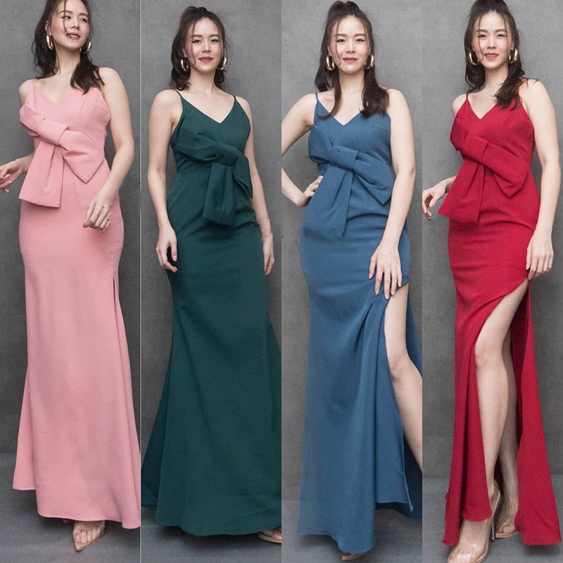 kudapy เดรสยาวสายเดี่ยวออกงานราตรีสีแดง/สีฟ้า/สีชมพู/สีเขียว ช่วงบนเก๋ๆด้วยโบว์ใหญ่ด้านหน้า เดรสสายเดี่ยวทรงเข้รูป
