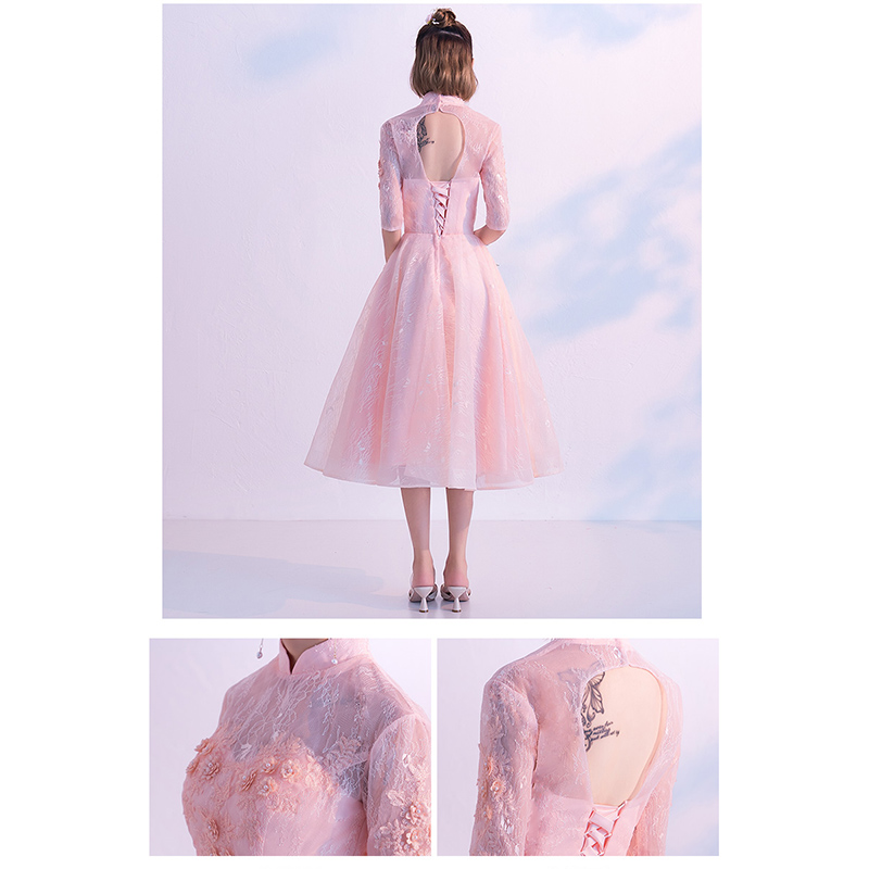 kudapy เดรสสั้นออกงานผ้าลูกไม้ซีทรูสีชมพูหวานอมส้ม คอจีน แขนข้อศอกกระโปรงสวิง