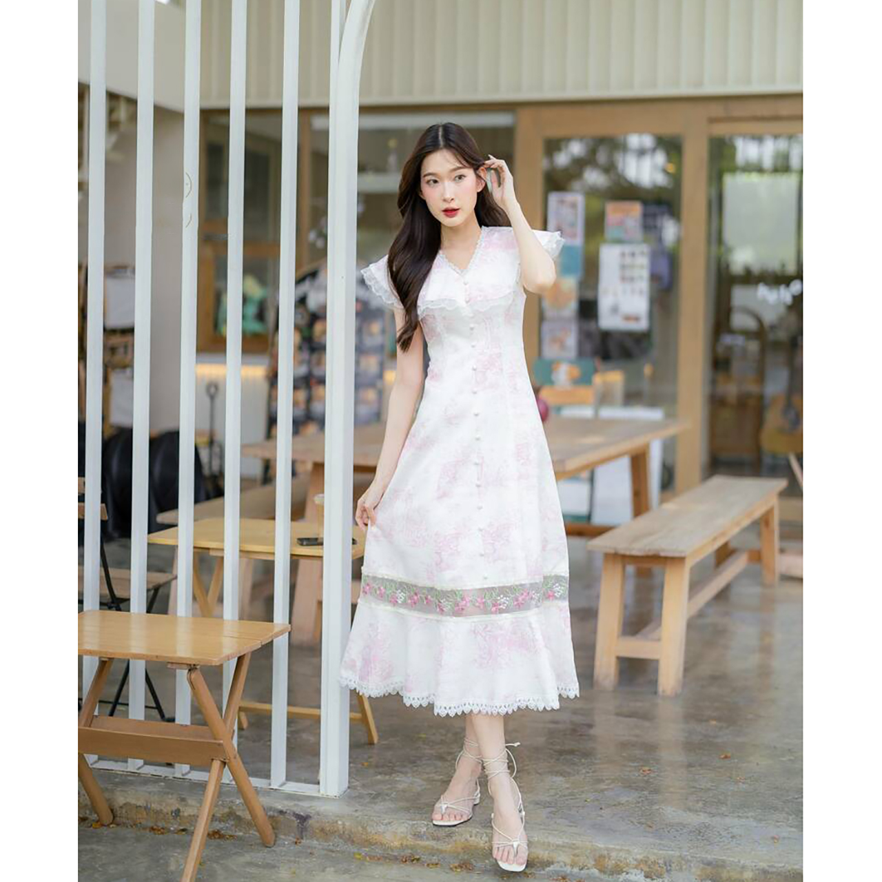 kudapy เดรสยาวสั้นสชมพู/สีฟ้า คอปกแต่งระบาย