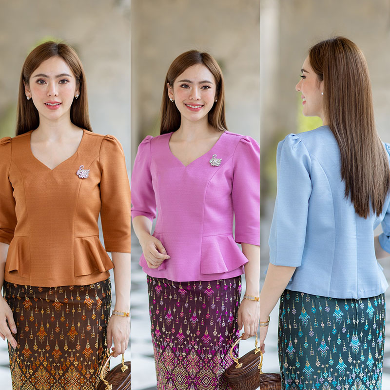 kudapy เสื้อสีฟ้า/สีม่วง/สีน้ำตาลอ่อน งานผ้าไหมฝรั่งเศสสีพื้น อัดกาวให้ทั้งตัว ทรงสวยตามแบบ การตัดเย็บเนียบ ทรงสวย ใส่สวยทุกรูปร่าง
