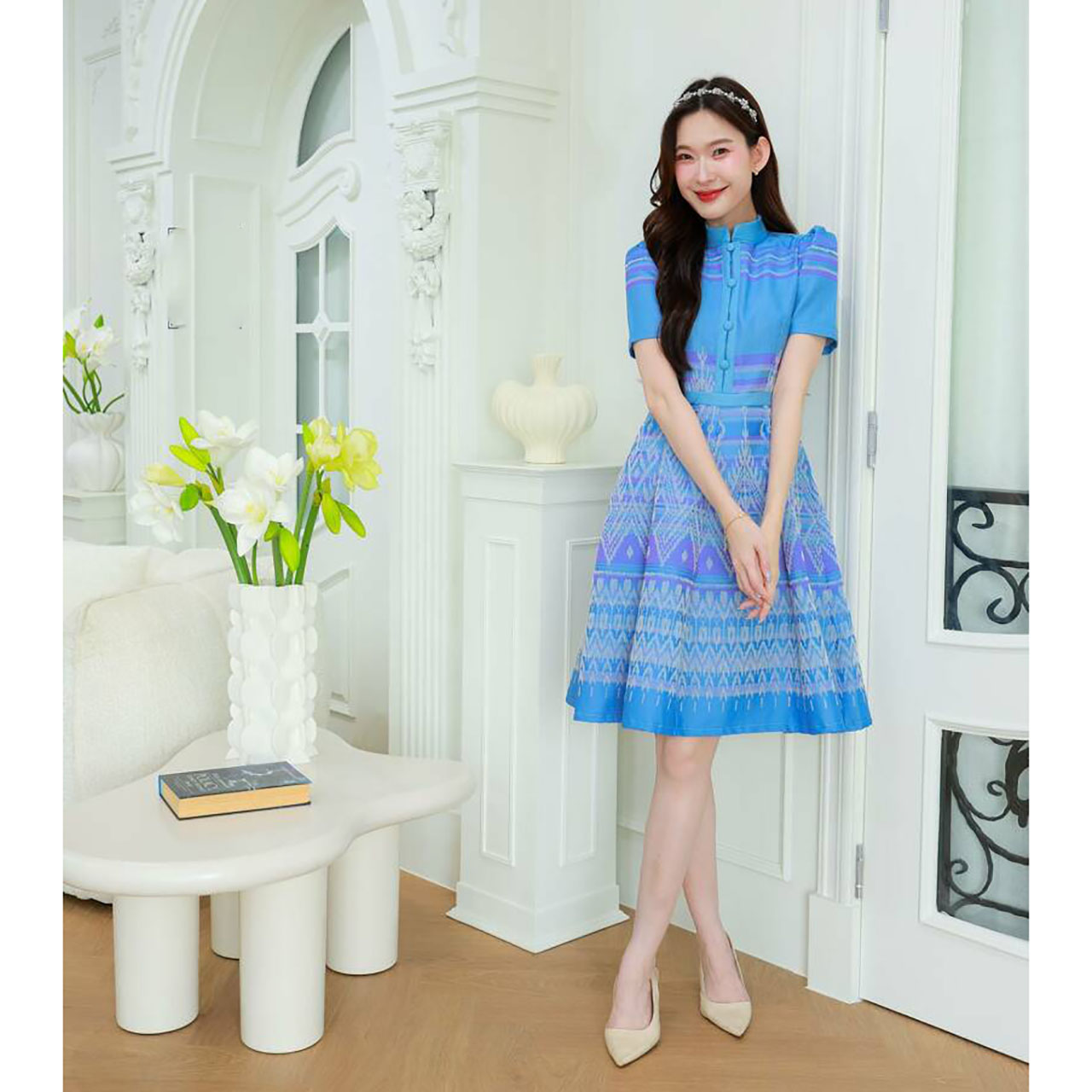 kudapy เดรสคอจีนแต่งกระดุมจีนพิมพ์ลายไทยประยุกต์