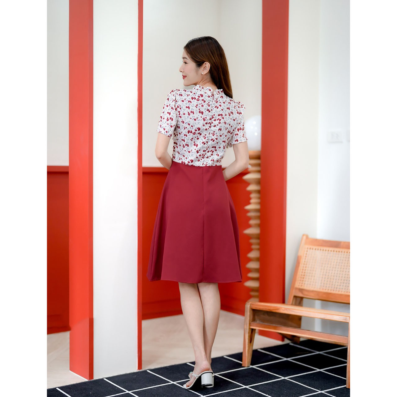 kudapy เดรสั้นสีแดง/สีน้ำเงิน กระโปรงทรงบานเชือกผูกโบว์