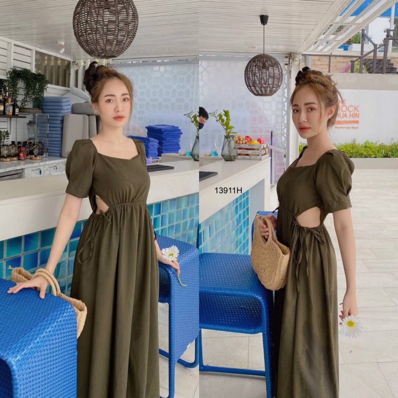 kudapy แม็กซี่เดรสยาวสีขาว,สีเขียว,สีเหลือง เจาะเอวด้านข้าง รูดปรับขนาดเอวเองได้ แขนจีบตุ๊กตา ซิปหลัง ผ้าซาร่าสีพื้น