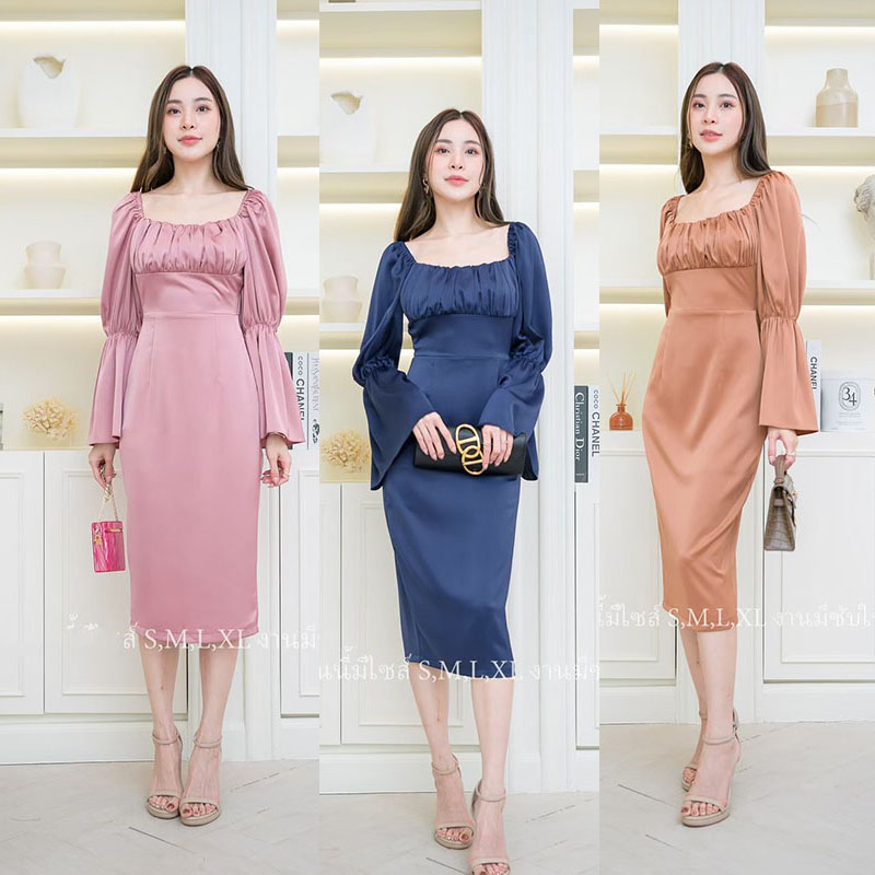 kudapy เดรสสั้นสีชมพู,กรม,น้ำตาลอิฐ สวยจับจีบแขนระบาย ผ้าเครปซาตินเนื้อดีมีซับใน ใส่ออกงาน ใส่ทำงาน