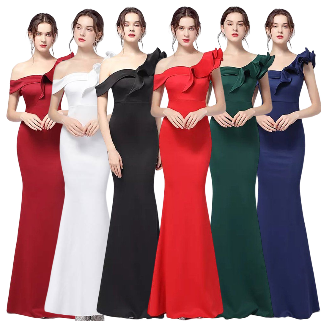 kudapy ชุดราตรียาวสีแดงไวน์,สีแดงสด,สีน้ำเงินกรมท่า,สีขาว,สีเขียว,สีดำ เดรสไหล่เฉียงข้างแต่งดีเทลเลเยอร์ ไหล่เบี่ยงทรงเข้ารูป ชุดนี้แป้ะมากค่ะ