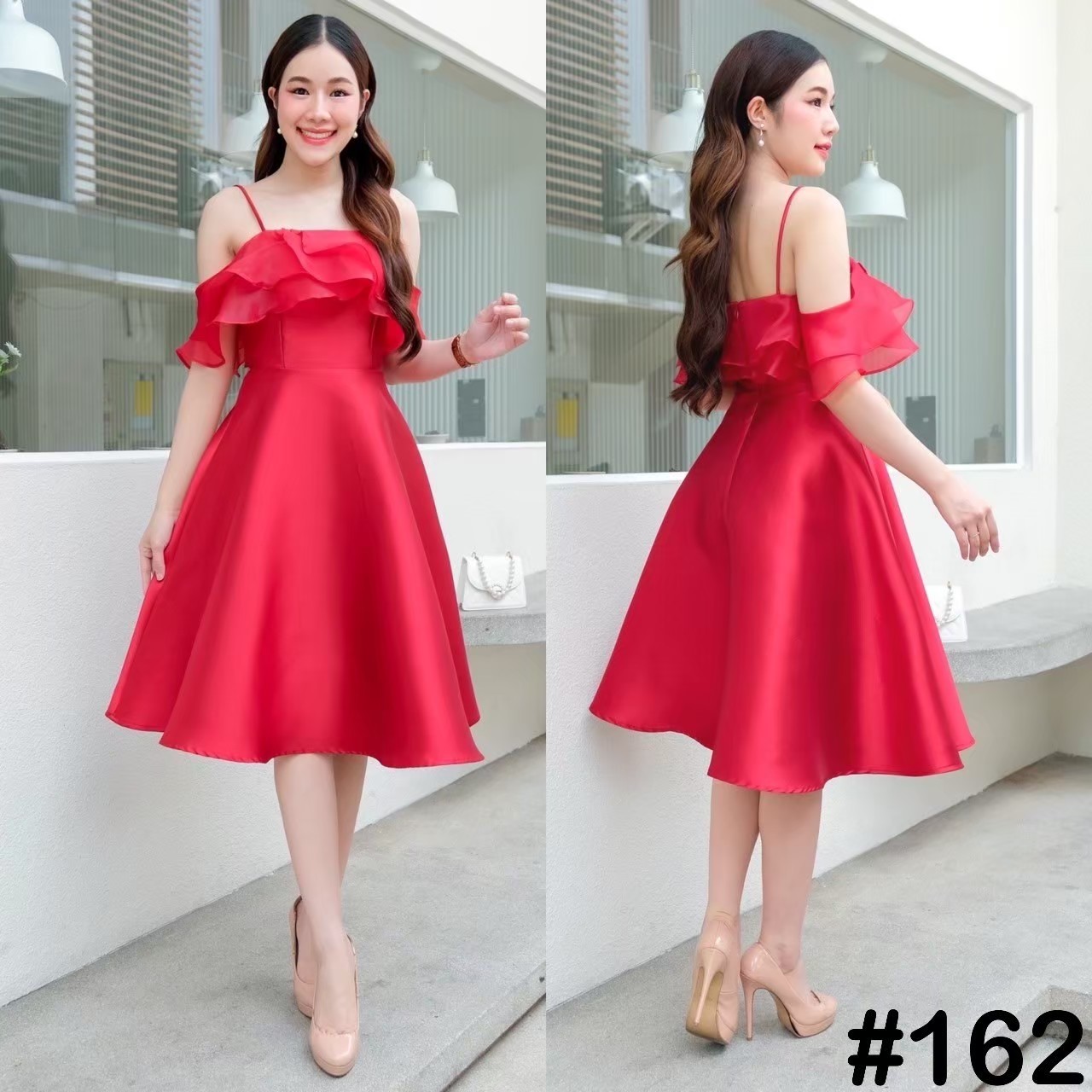 kudapy เดรสสั้นสายสปาเกตตี้ แต่งผ้าแก้วระบายไขว้อก สวยหวานพรางแขน กระโปรงทรงเอ