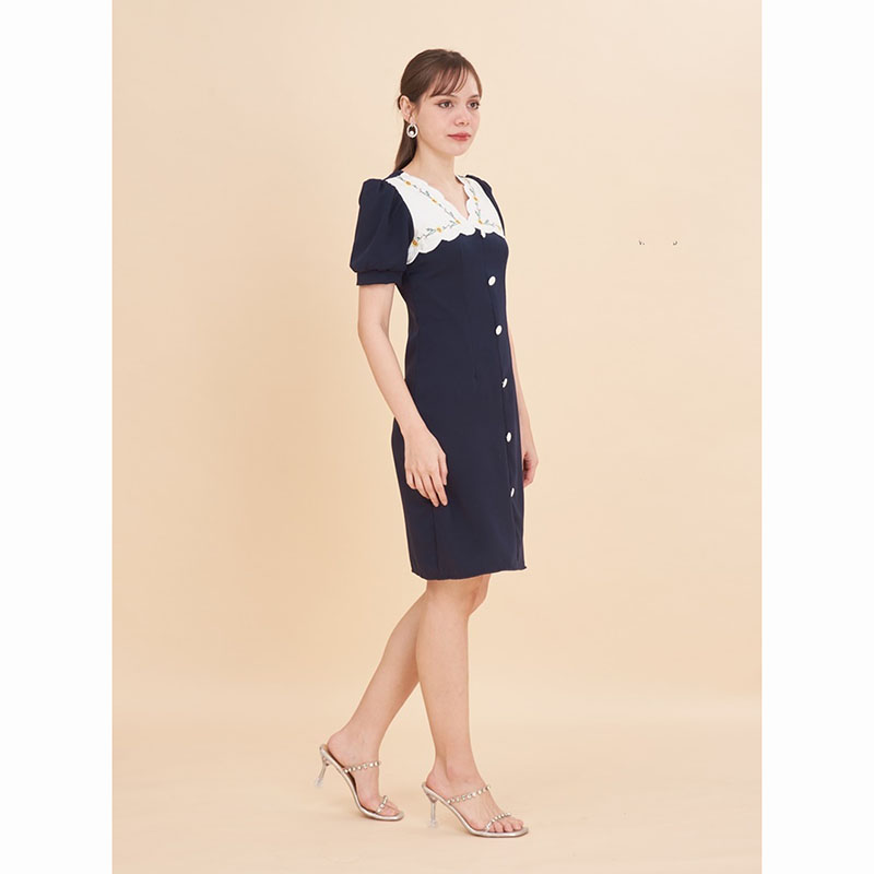 kudapy เดรสสั้นสีแดง/สีน้ำตาล/สีกรม อกปักลูกไม้แขนจั๊ม ใส่สบายสวยดูดี