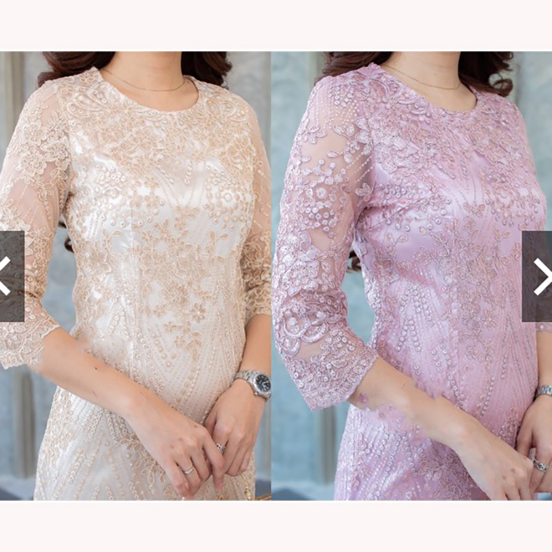 kudapy เดรสสั้นผ้าลูกไม้สีชมพู สีทอง สีฟ้าเทา สีกรม สีแดง แขนสี่ส่วน ซิบซ่อนด้านหลัง