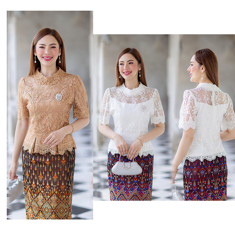 kudapy (เฉพาะเสื้อ) เสื้อลูกไม้สีน้ำตาล/สีขาว/สีม่วง/สีน้ำเงิน/สีเขียว/สีดำ เสื้อใช้ผ้าลูกไม้ใยบวบคอกลม แขนสั้น ลูกไม้แน่นทั้งตัว ตัวเสื้อมาพร้อมซับในเนื้อดีในตัว