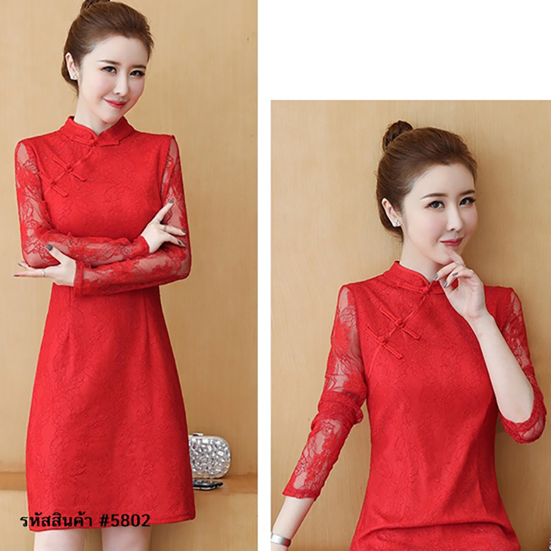 kudapy เดรสสั้นสีแดงสไตล์กี้เพ้า ทรงเอเข้ารูป ผ้าลูกไม้สวยใส่สบายดูดี