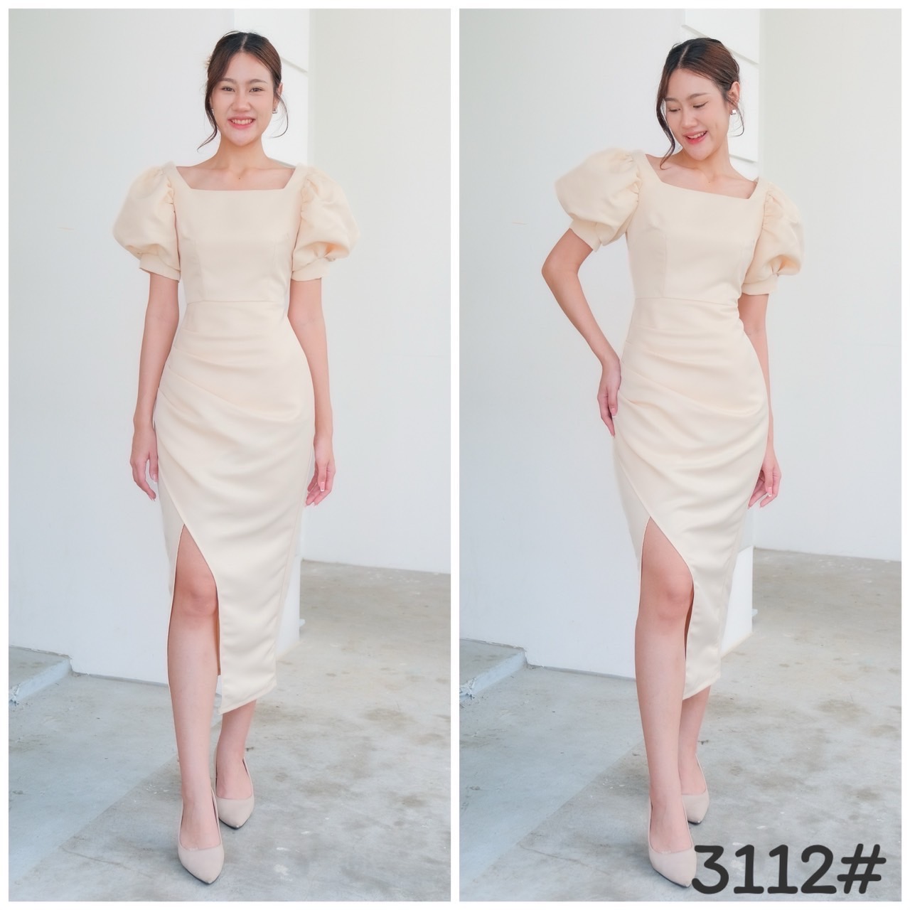 kudapy เดรสขอเหลี่ยม แขนพอง ตุ๊กตา จับจีบเอว-สะโพก กระโปรงทรงสอบ เก็บทรง ดีเทลกระโปรงป้ายผ่าข้าง