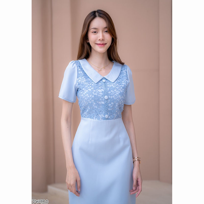 kudapy เดรสสั้นสีชมพู/สีฟ้า ผ้าทออกลูกไม้ ใส่ออกงานสวยดูดี น่ารัก