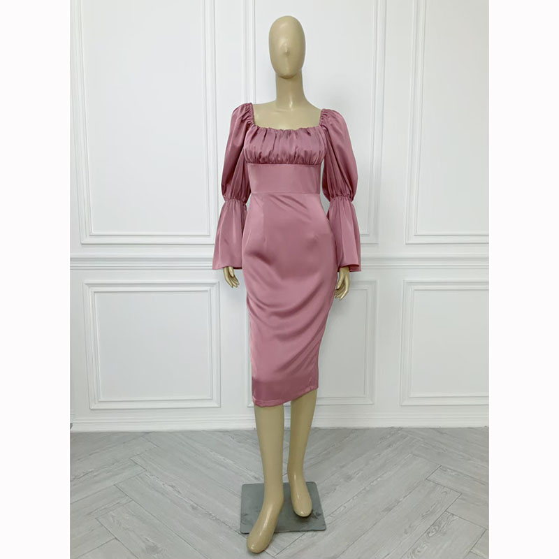 kudapy เดรสสั้นสีชมพู,กรม,น้ำตาลอิฐ สวยจับจีบแขนระบาย ผ้าเครปซาตินเนื้อดีมีซับใน ใส่ออกงาน ใส่ทำงาน