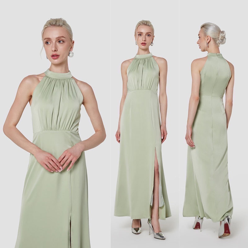 kudapy เดรสยาวสีแดงไวน์/สีเขียว/สีคาราเมล/สีเชมเปญ คอกลมเปิดไหล่ กระโปรงผ่าหน้า ใส่ออกงานสวยดูดี