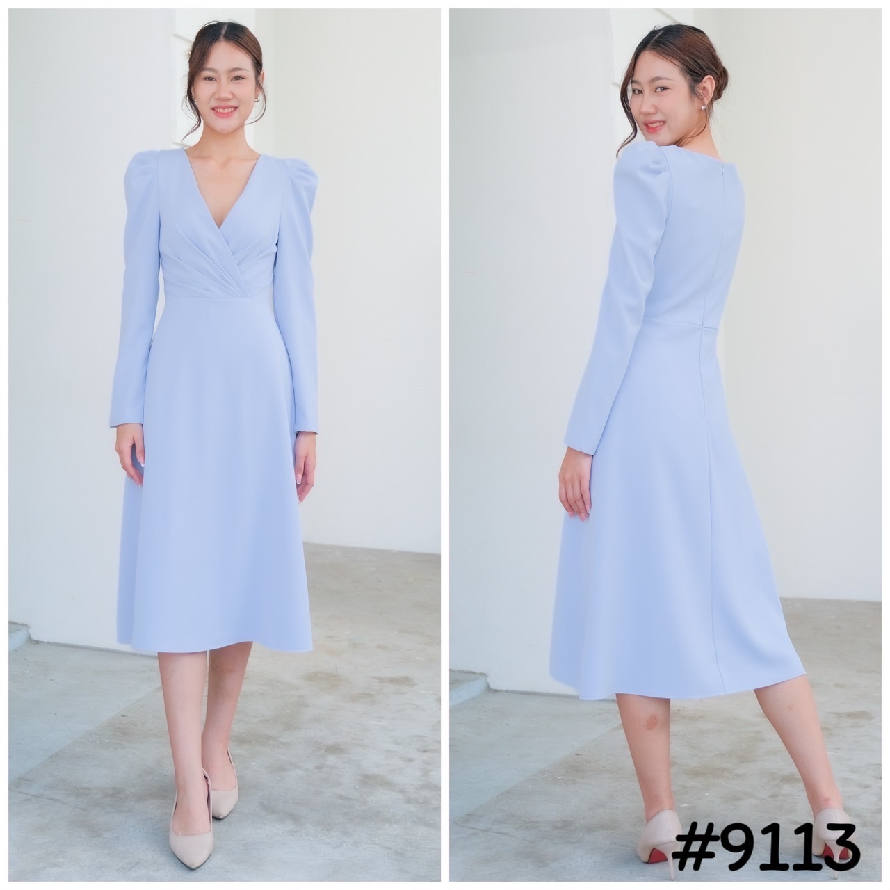 kudapy เดรสคอวี ดีเทลจับจีบอกไขว้ แต่งแขนตุ๊กตา กระโปรงฟรีสะโพก