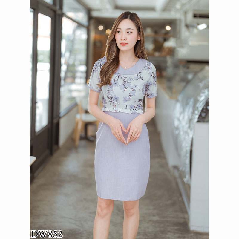 kudapy เดรสสั้นสีม่วง/สีชมพู/สีเหลือง คอปกมีกระตรงกลางอก