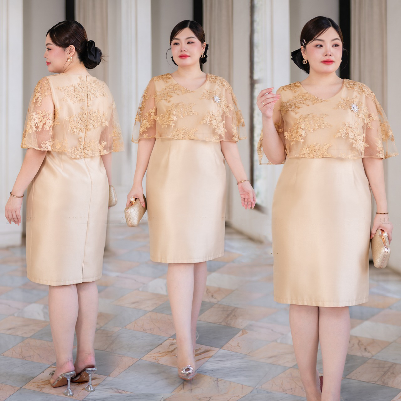 kudapy เดรสผ้าไหมญี่ปุ่นคอวี แต่งระบายลูกไม้ปักดอกนูน ช่วงคอและแขน กระโปรงทรงสอบผ่าหลัง อัดกาว